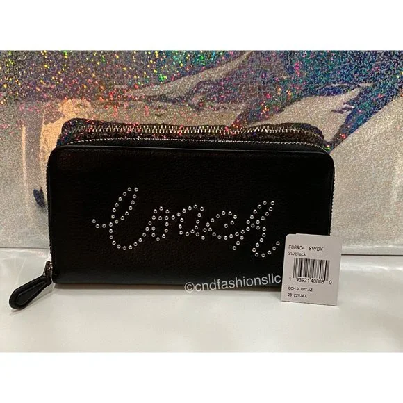 COACH BLACK LEATHER Accordion Zip Wallet w/Studded Coach Script + TISSUE PAPER - Picture 12 of 16